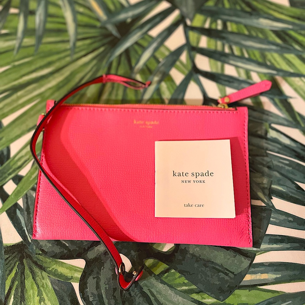 kate spade bright neon pink gold purse wristlet tote clutch pouch zipper bag NEW